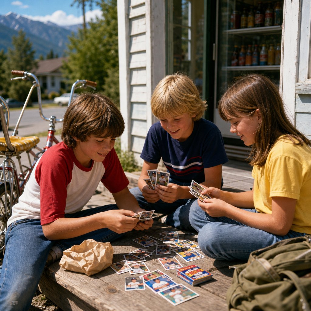 Children sit outside a corner shop sorting and trading baseball cards on a sunny summer afternoon.