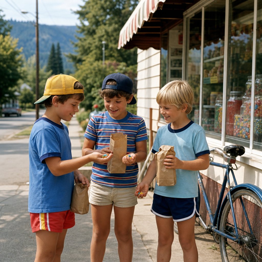 Children outside a neighborhood corner store holding bags of colorful penny candy on a sunny summer day.