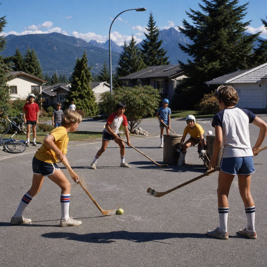 Children play road hockey on a quiet suburban street on a sunny summer afternoon.