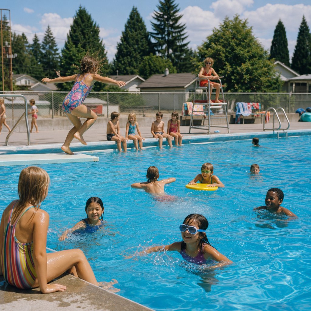 Children swim and play at an outdoor community pool on a sunny summer day.