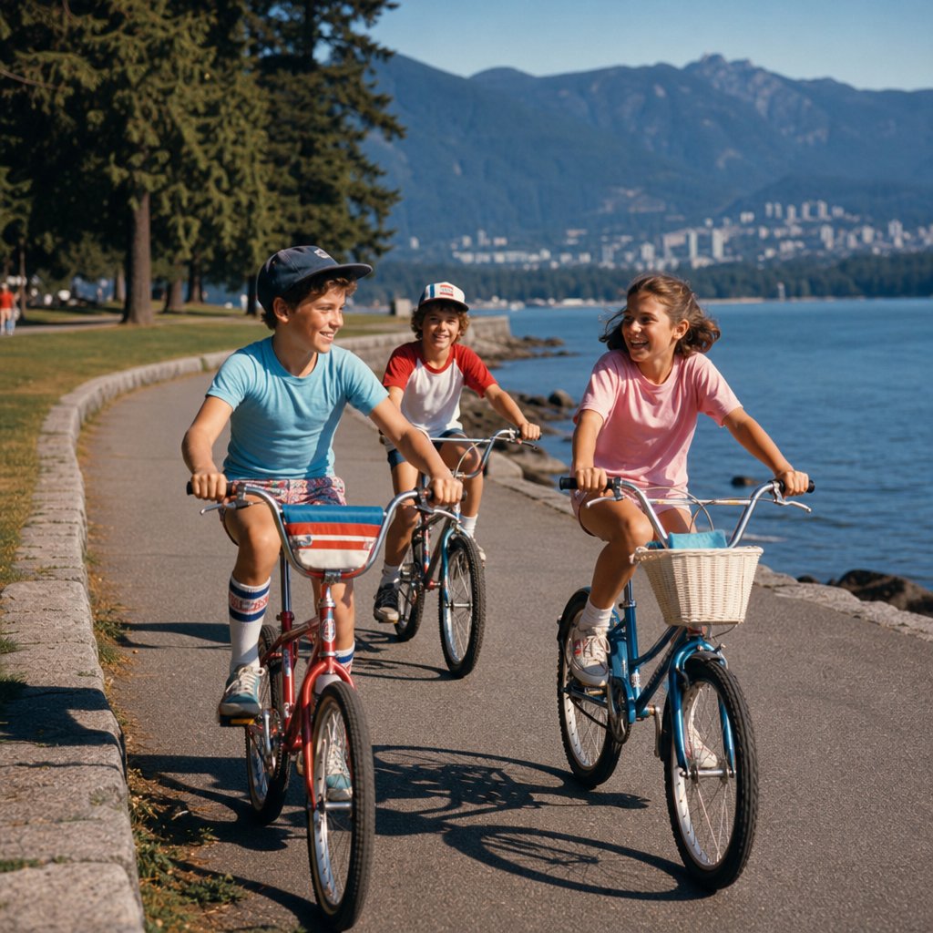 Children ride bicycles along a waterfront seawall in British Columbia on a sunny summer afternoon.