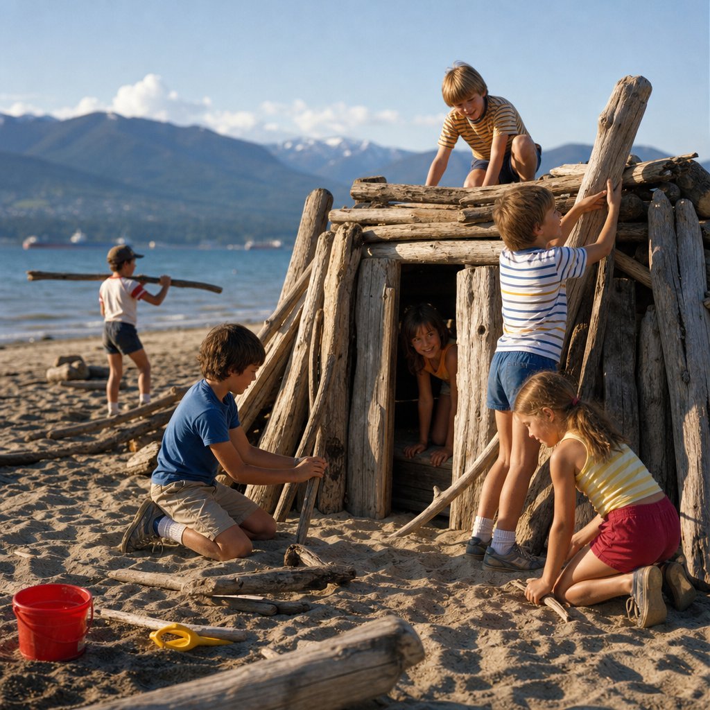 Children build and play beside a driftwood fort on a sandy beach with mountains in the background.