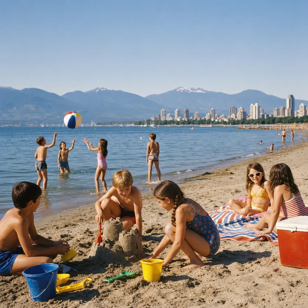 Children enjoy a sunny summer day playing at Kitsilano Beach.