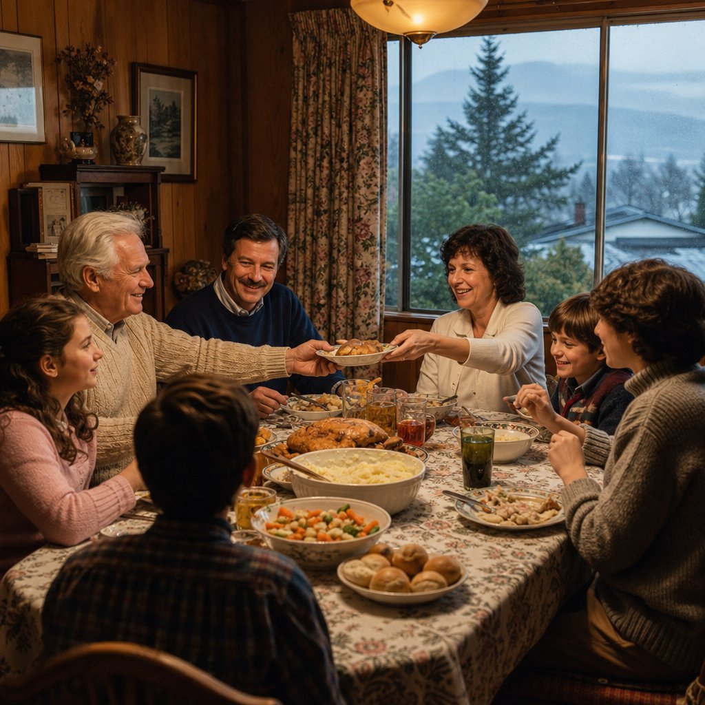 A family shares a homemade dinner around a table in a cozy Vancouver home.