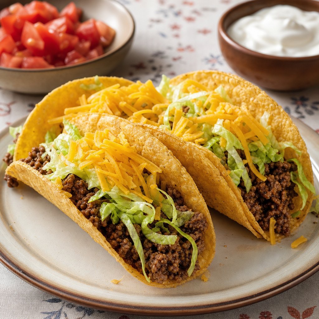 A plate of beef tacos topped with shredded lettuce and grated cheese beside small bowls of toppings.