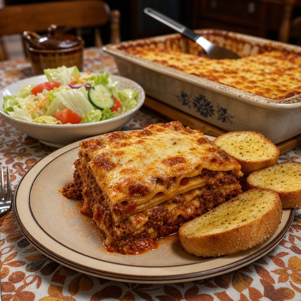 A serving of lasagna with garlic bread and iceberg salad on a family dining table.