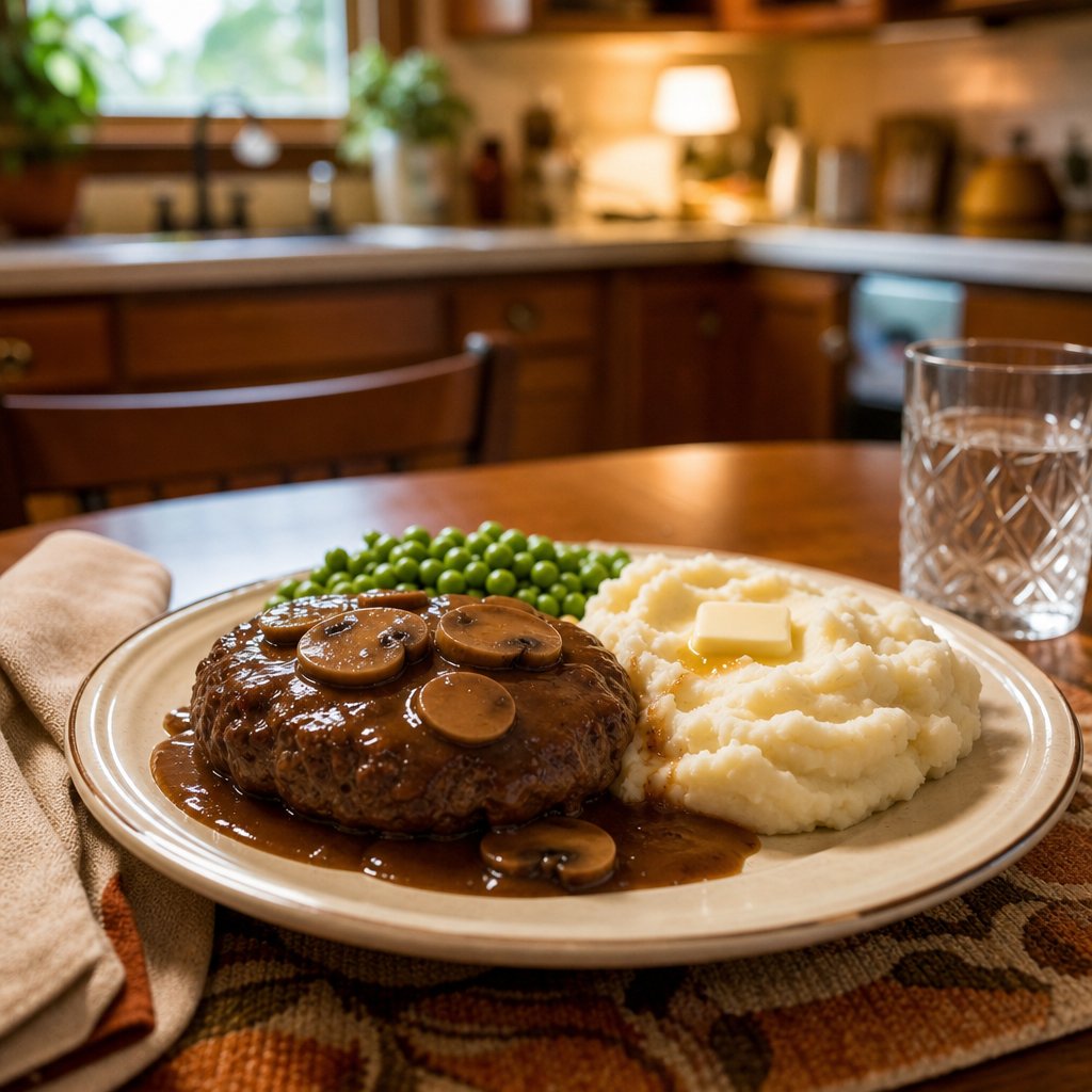 A plate of Salisbury steak with brown gravy, mashed potatoes, and green peas on a family dining table.