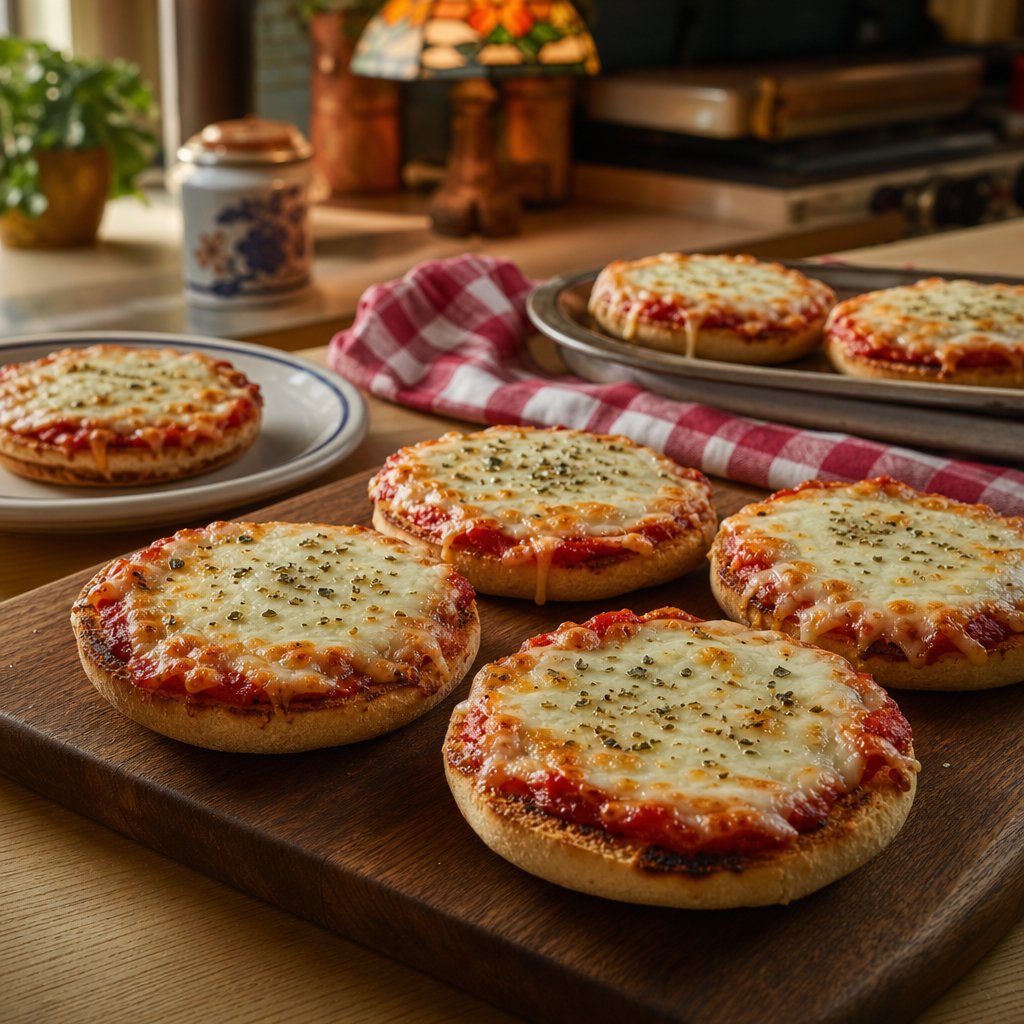 Homemade English muffin pizzas topped with melted mozzarella on a family dinner table.