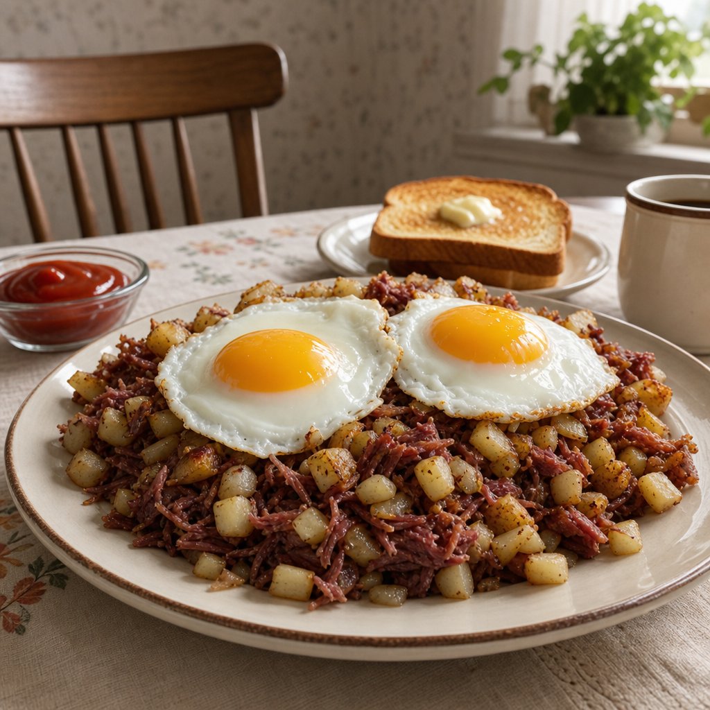 A plate of corned beef hash topped with two fried eggs, served with toast on a family dining table.