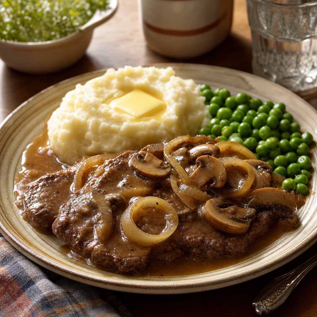 A plate of Swiss steak topped with onions and mushroom gravy, served with mashed potatoes and peas.