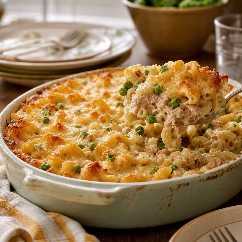 A serving of creamy macaroni casserole with tuna and peas in a baking dish on a family dining table.
