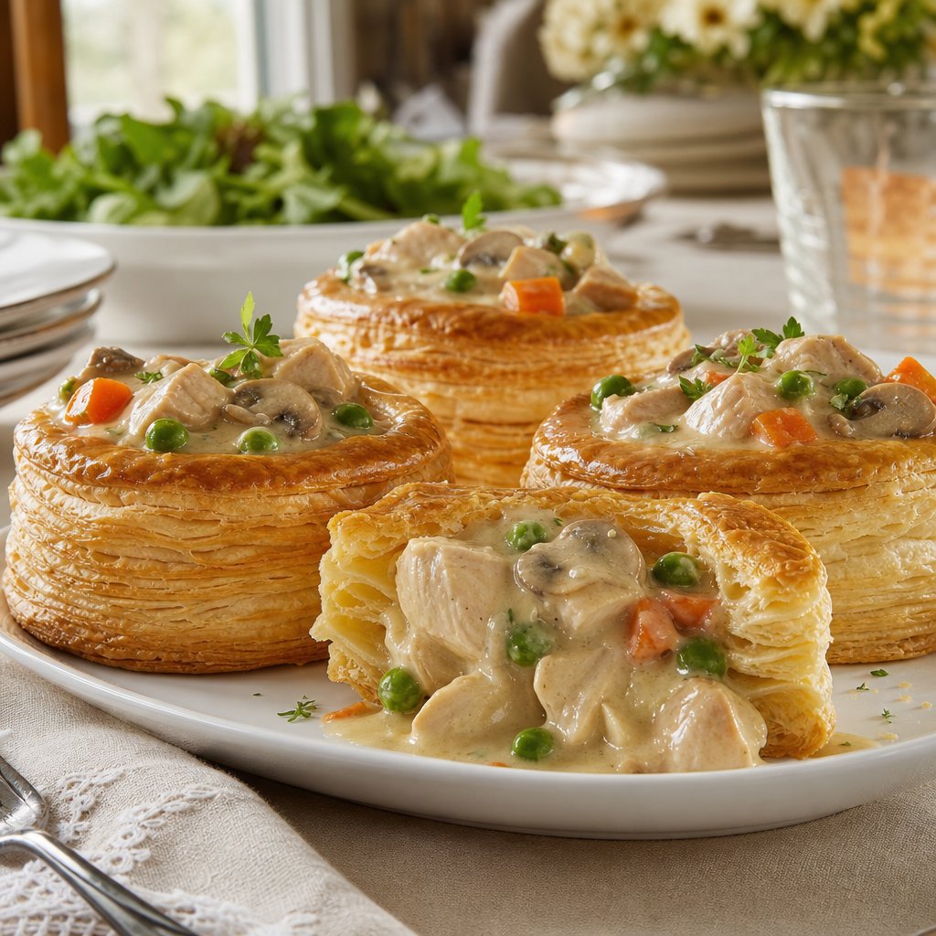 Golden vol-au-vent pastries filled with creamy chicken, vegetables, and mushrooms on a family dinner table.