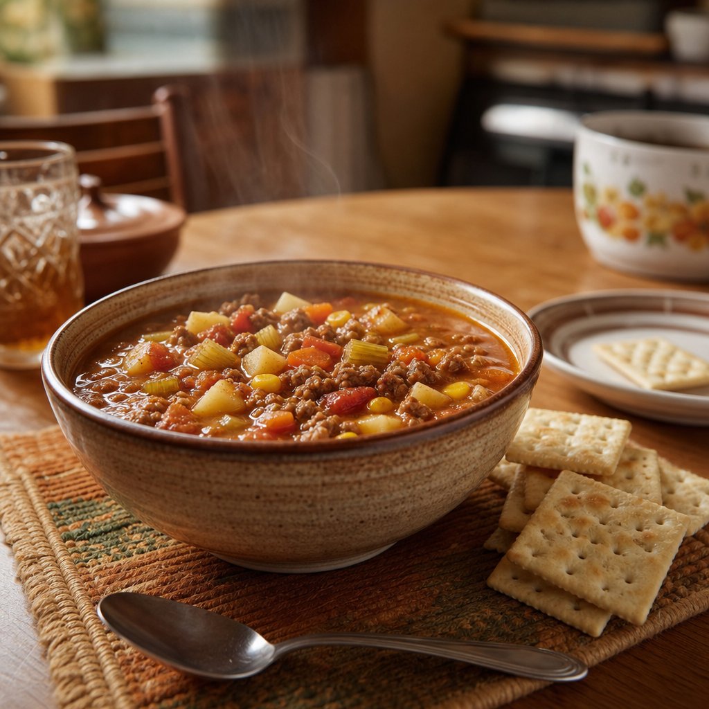 A steaming bowl of hamburger soup with saltine crackers on a dining table.