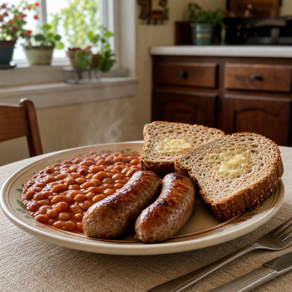 A plate of baked beans, brown bread, and sausages on a dining table.