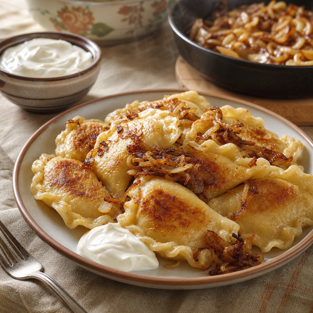 A plate of potato-and-cheese perogies topped with fried onions and served with sour cream.