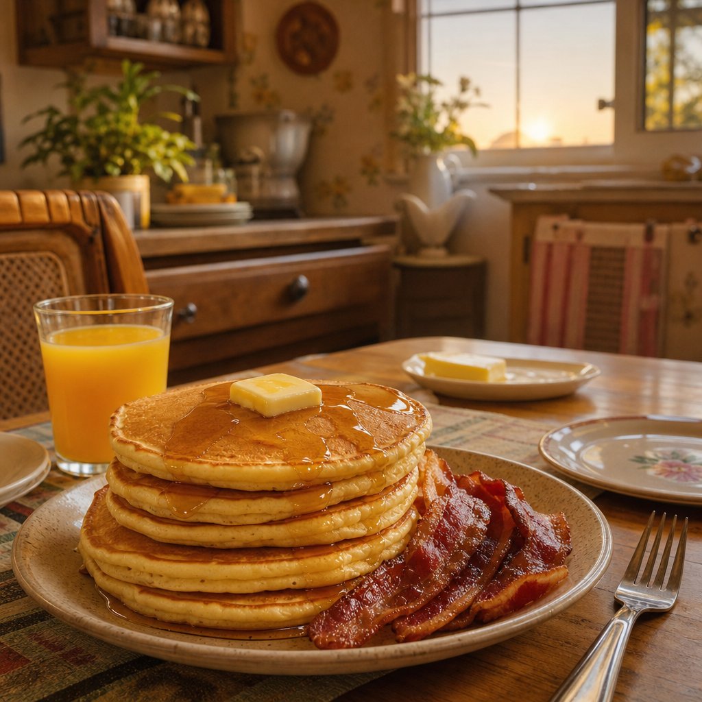 A stack of pancakes with butter and syrup served with crispy bacon on a family dinner table.