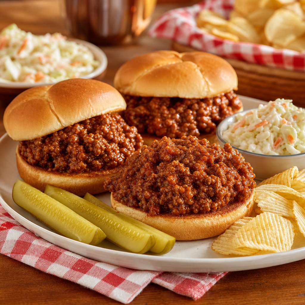 Sloppy joes piled onto toasted hamburger buns with pickles, potato chips, and coleslaw on a family dinner table.