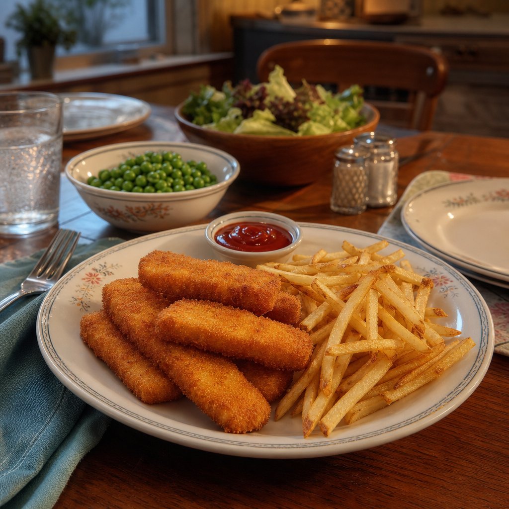 A plate of golden baked fish sticks and french fries with ketchup on a family dining table.