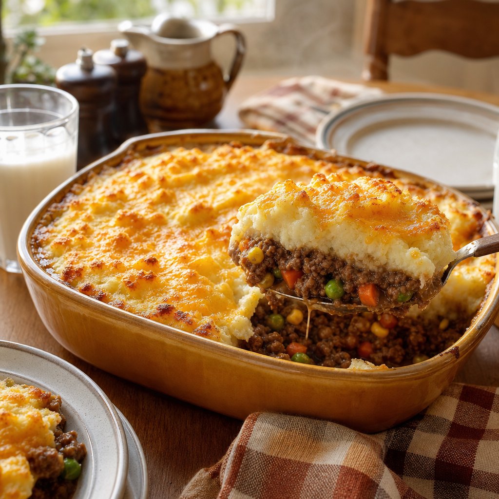 A golden shepherd’s pie with Cheddar mashed potatoes is served in a casserole dish on a family dining table.
