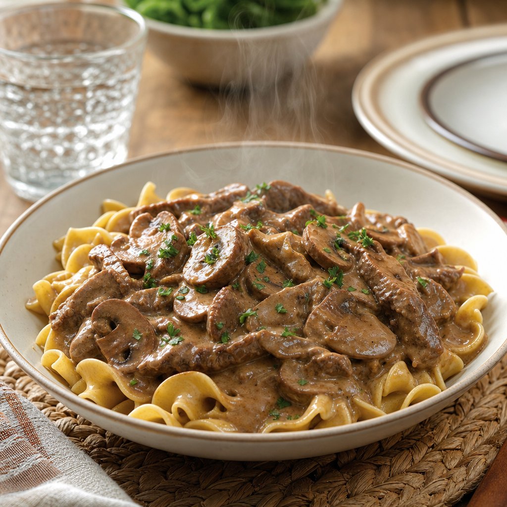 A bowl of creamy beef stroganoff with mushrooms and parsley served over egg noodles on a family dinner table.