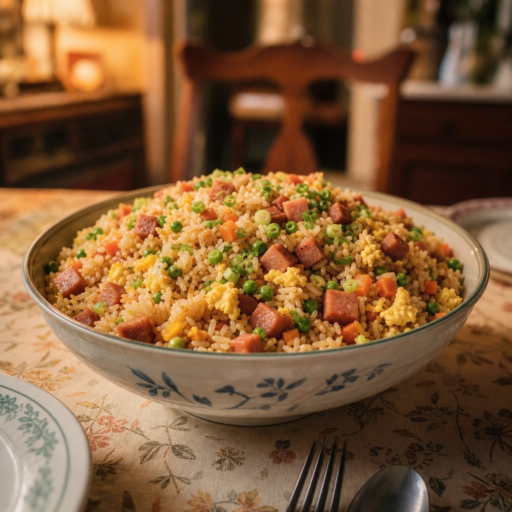 A bowl of fried rice with scrambled eggs, diced luncheon meat, peas, carrots, and scallions on a family dining table.