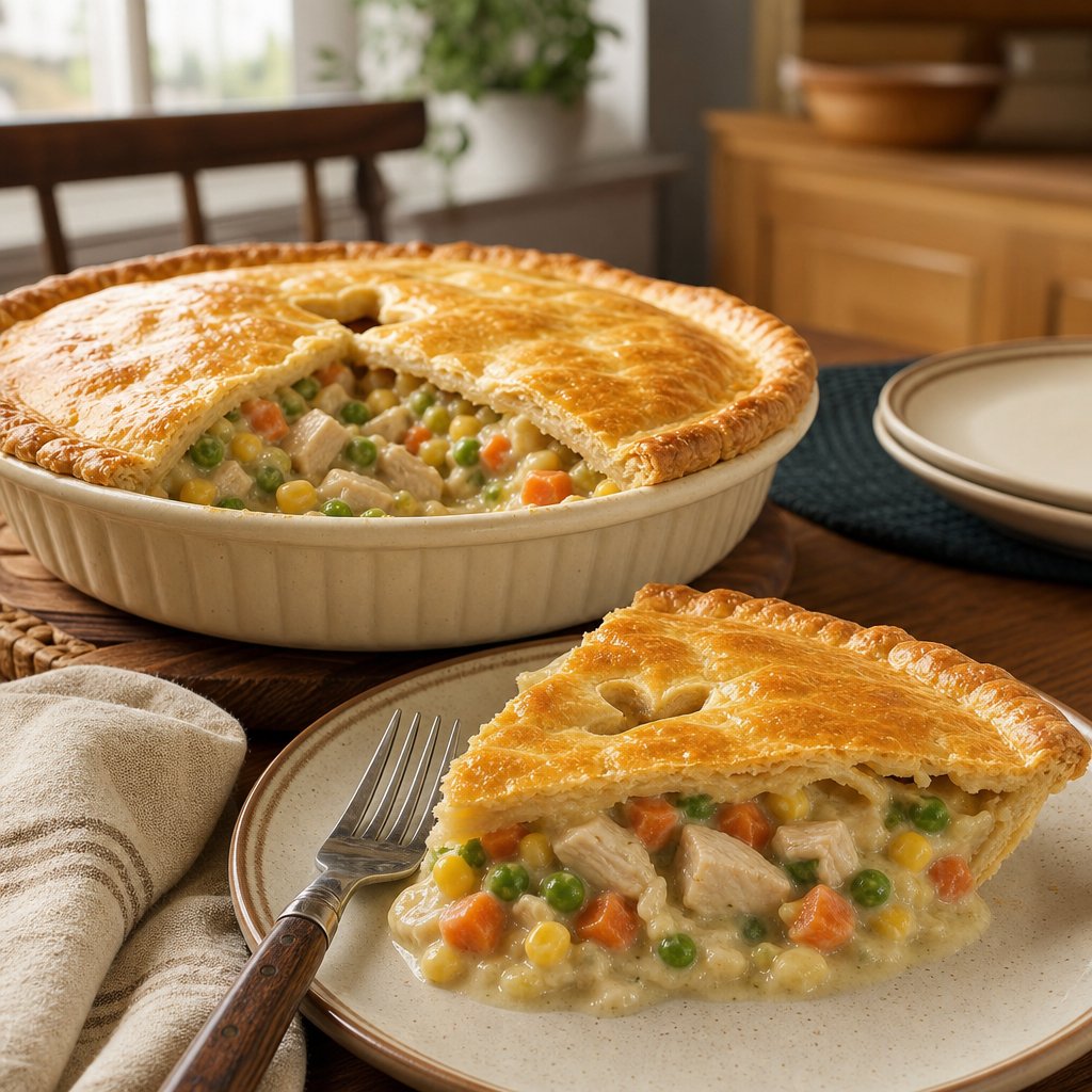A golden chicken pot pie with peas, carrots, and corn served on a family dining table.