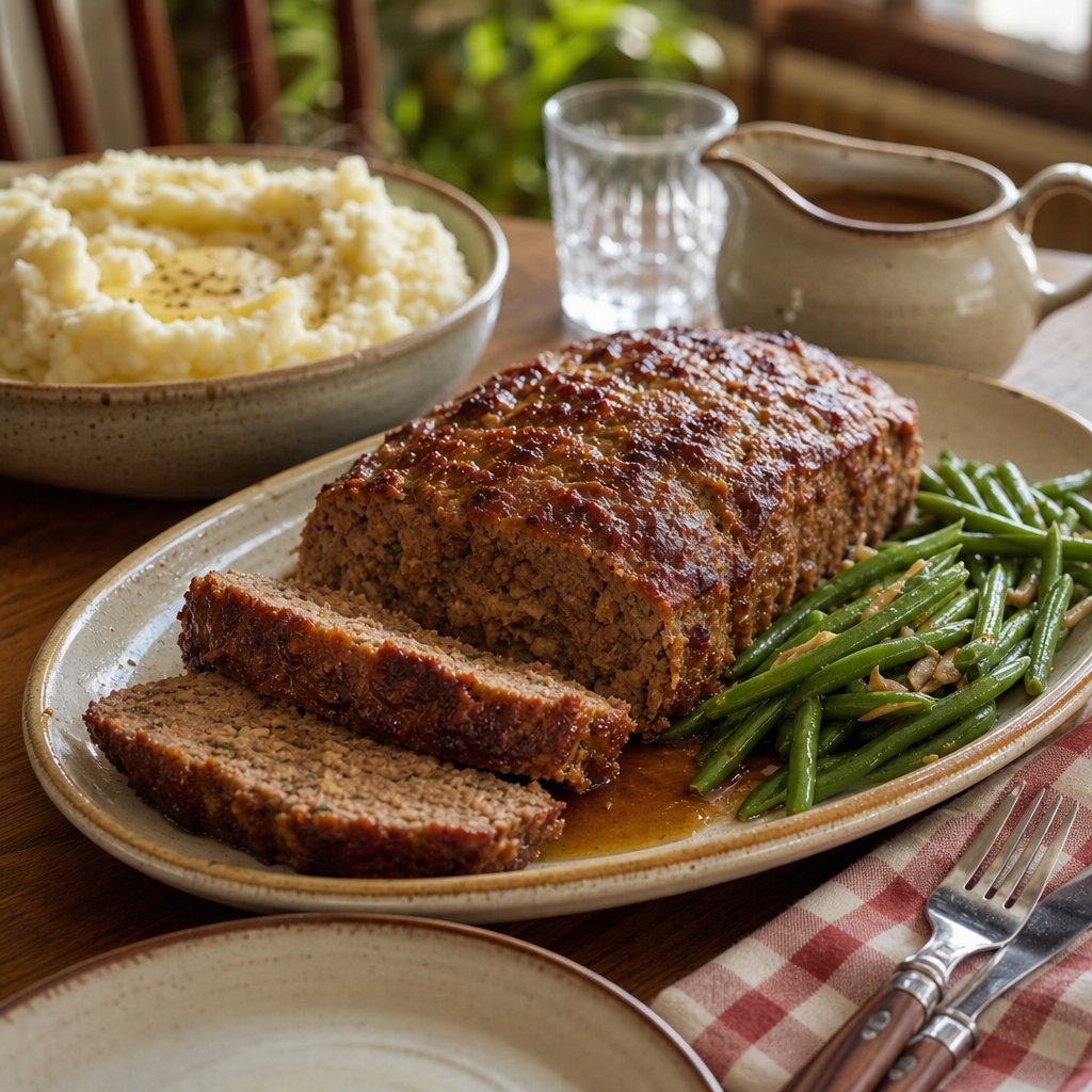 Sliced onion soup meatloaf with mashed potatoes, green beans, and gravy on a family dinner table.