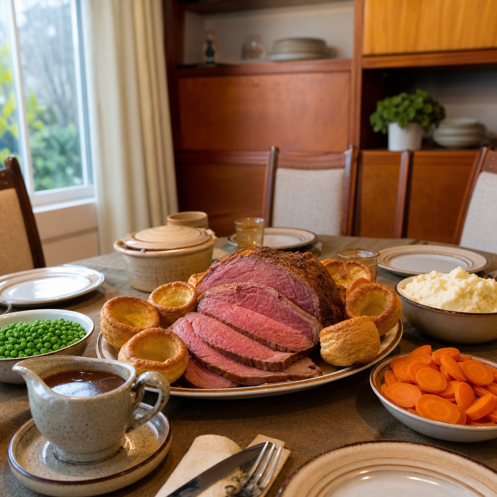 A family dinner table with sliced roast beef, Yorkshire puddings, mashed potatoes, vegetables, and gravy.