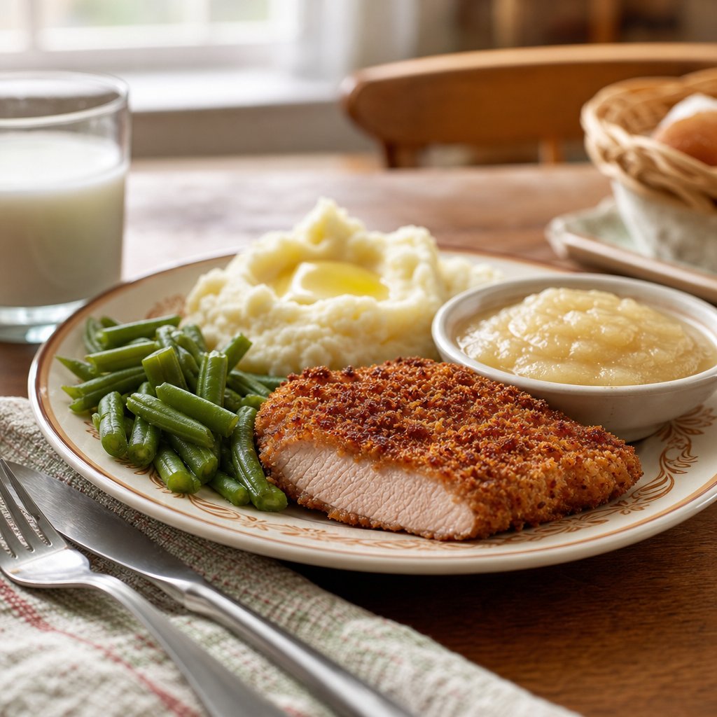 A plate of breaded pork chops with applesauce, mashed potatoes, and green beans on a family dinner table.