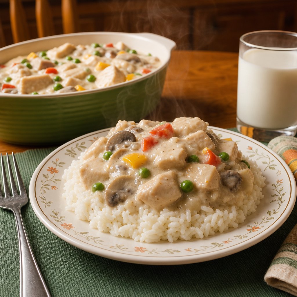 A plate of creamy chicken à la king served over white rice with peas, mushrooms, and bell peppers on a family dinner table.