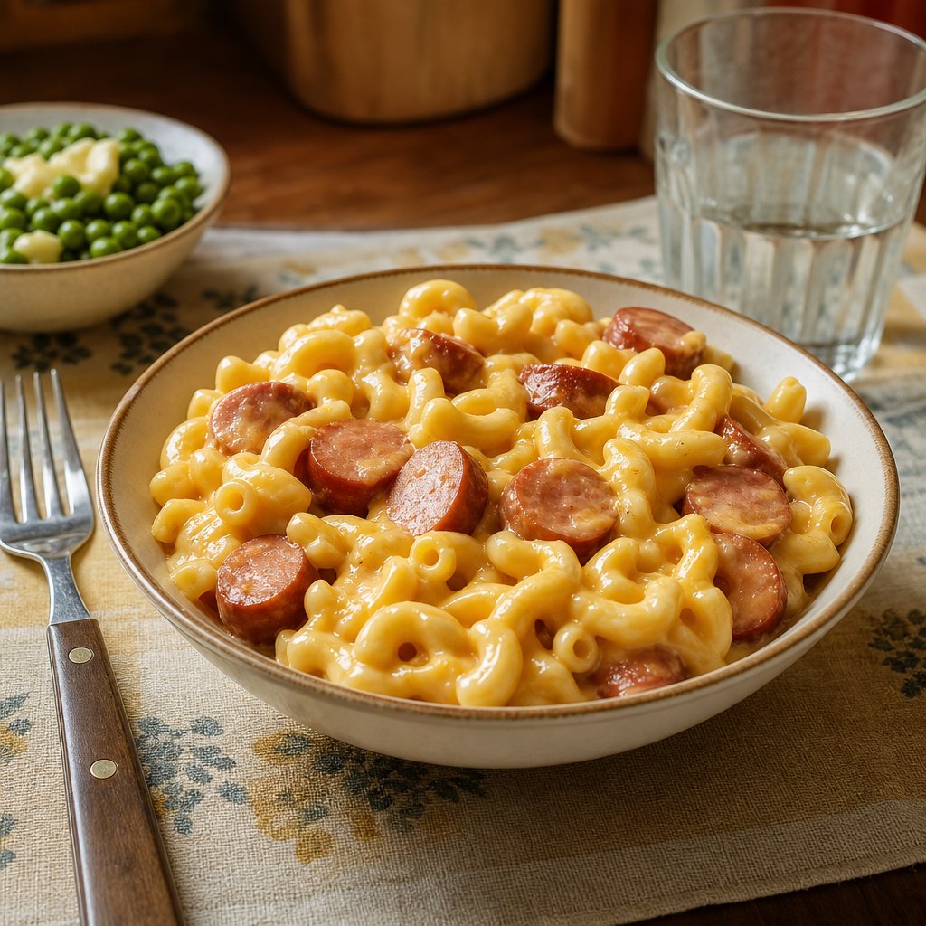 A bowl of creamy macaroni and cheese mixed with sliced hot dogs on a family dining table.