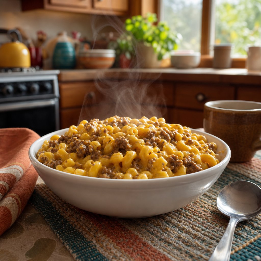 A bowl of creamy cheeseburger macaroni sits on a warmly lit family kitchen table.