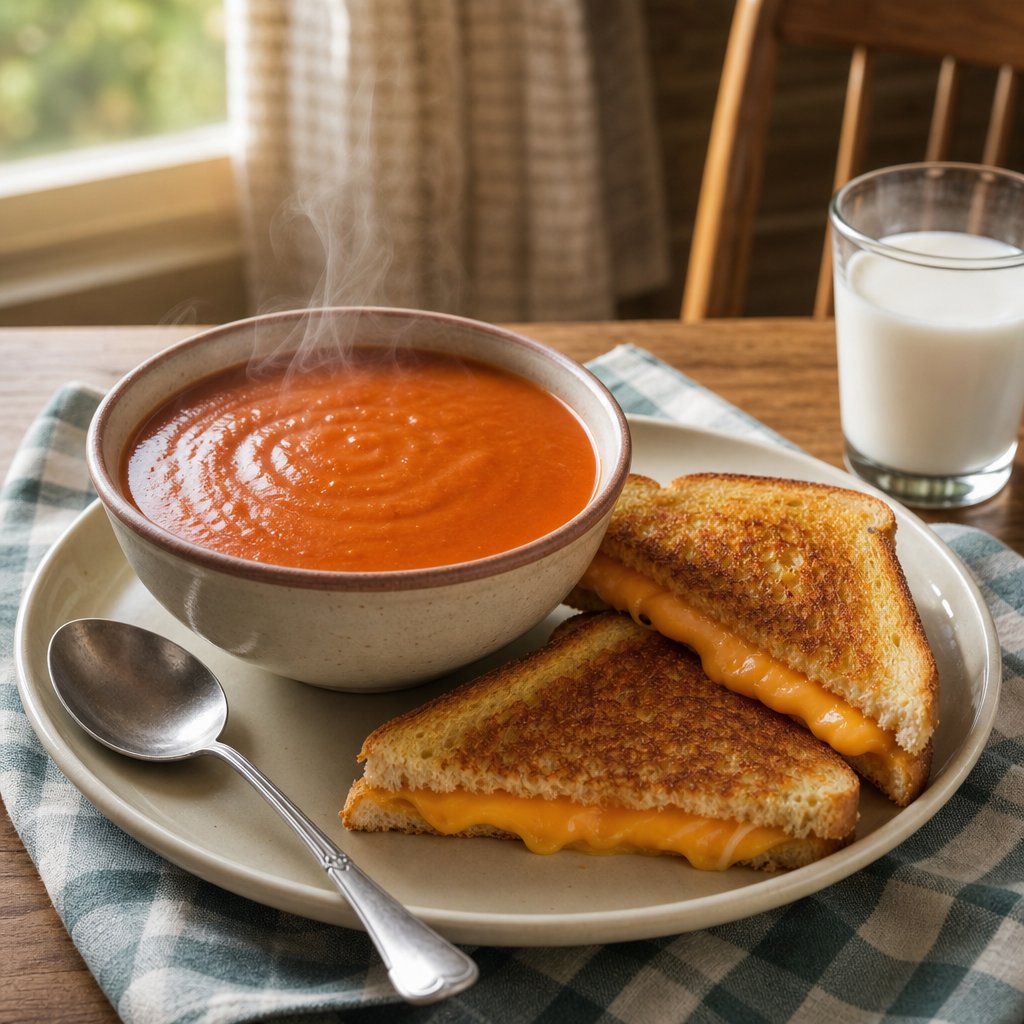 A bowl of tomato soup served with two grilled cheese sandwiches on a family dining table.