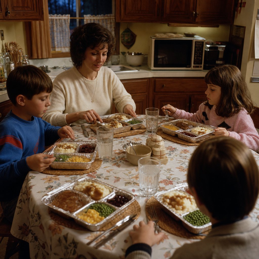 A family gathers around a kitchen table eating frozen dinners on a busy weeknight.