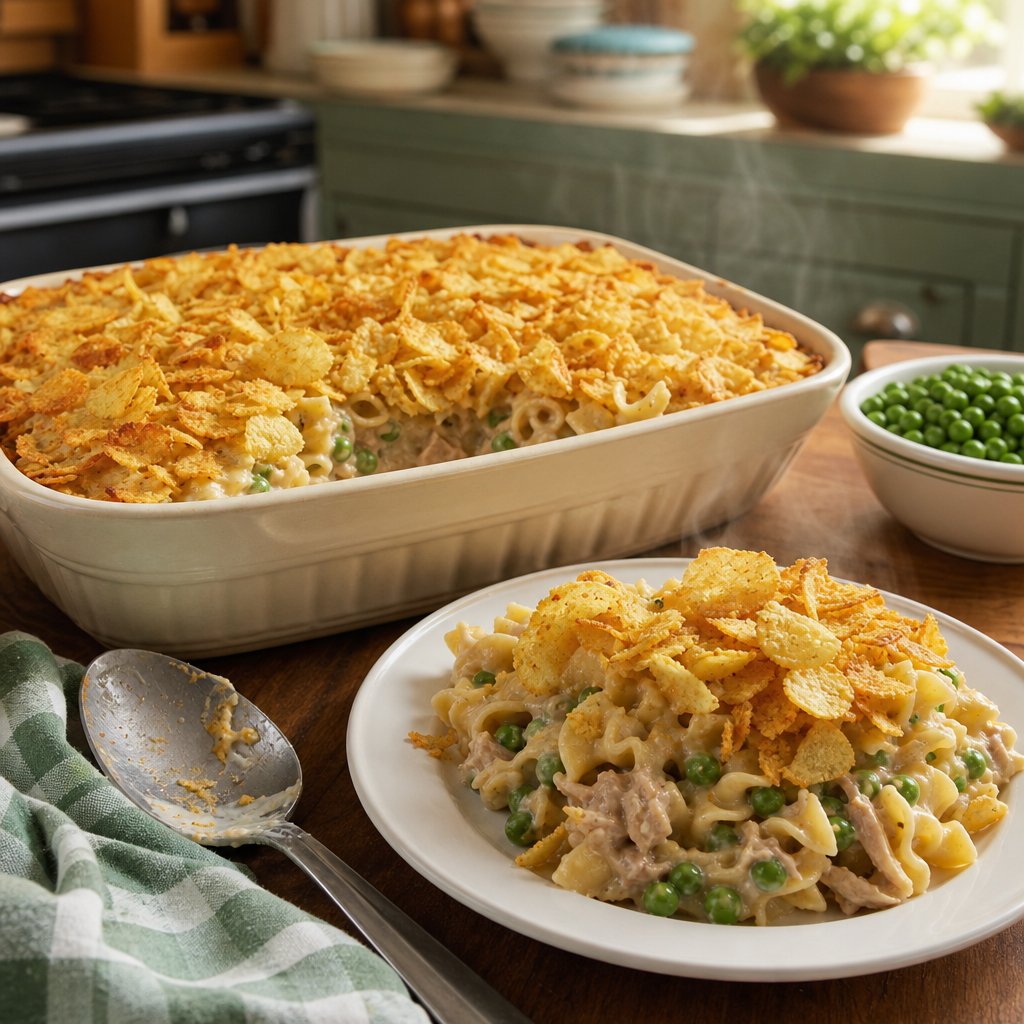 A golden tuna noodle casserole topped with crushed potato chips in a ceramic baking dish beside a serving plate.