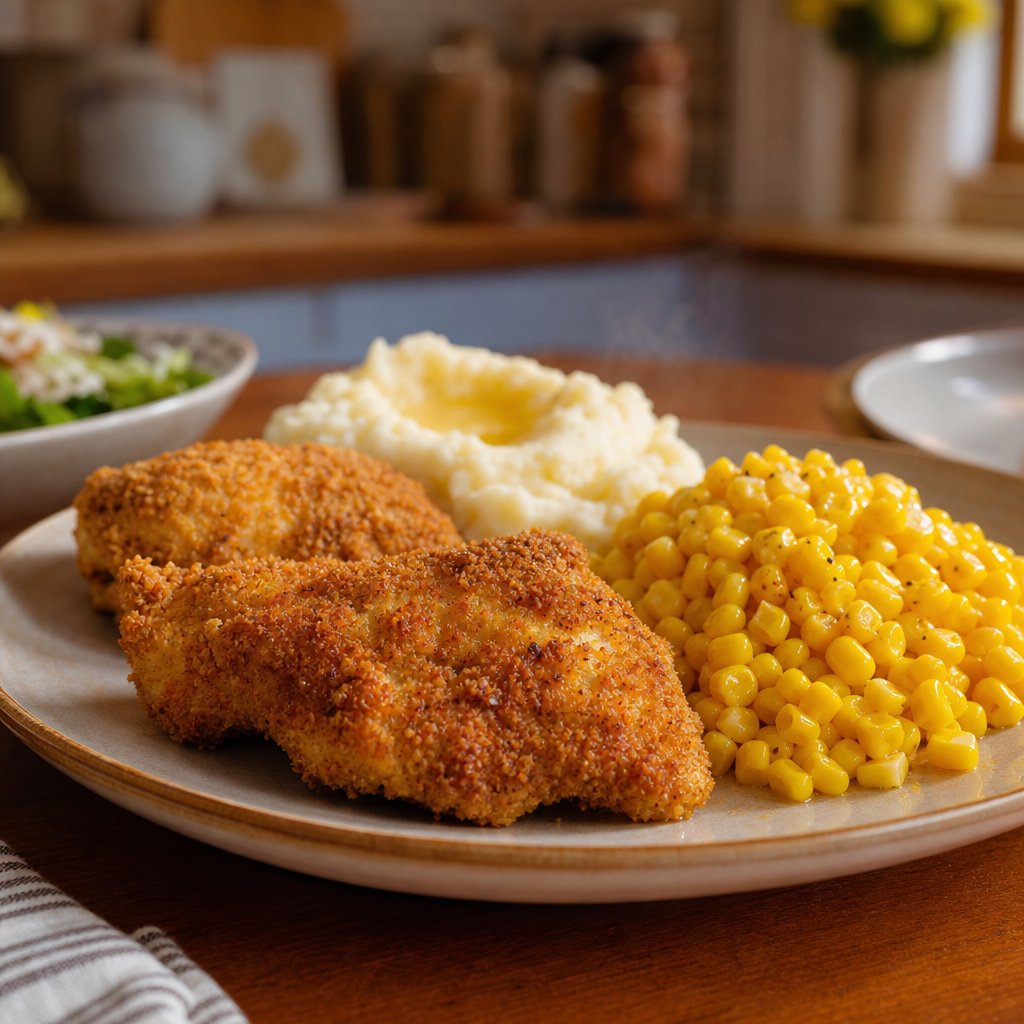 A plate of crispy baked chicken served with buttered corn and mashed potatoes.