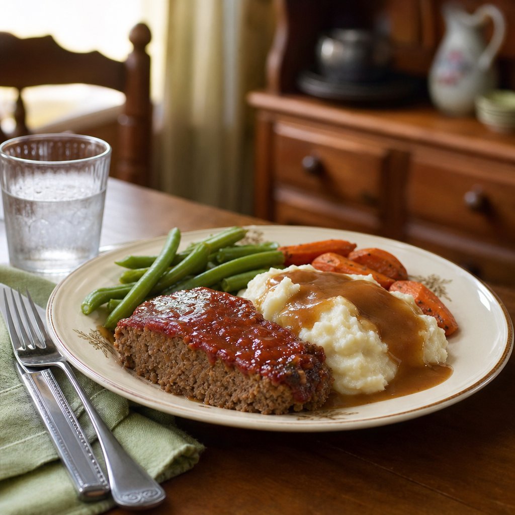 A plate of glazed meatloaf with mashed potatoes and brown gravy, served with green beans and carrots.