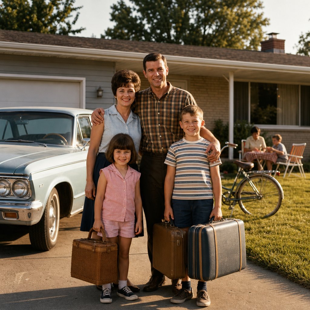 A 1960s family stands outside their suburban home beside a classic car and vacation luggage.