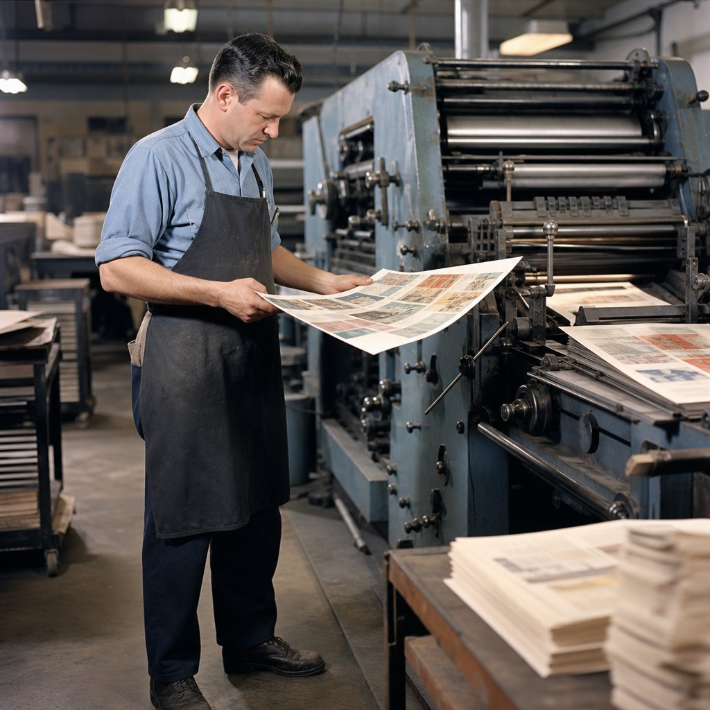 A 1960s printing pressman inspects printed sheets beside a large industrial printing machine.