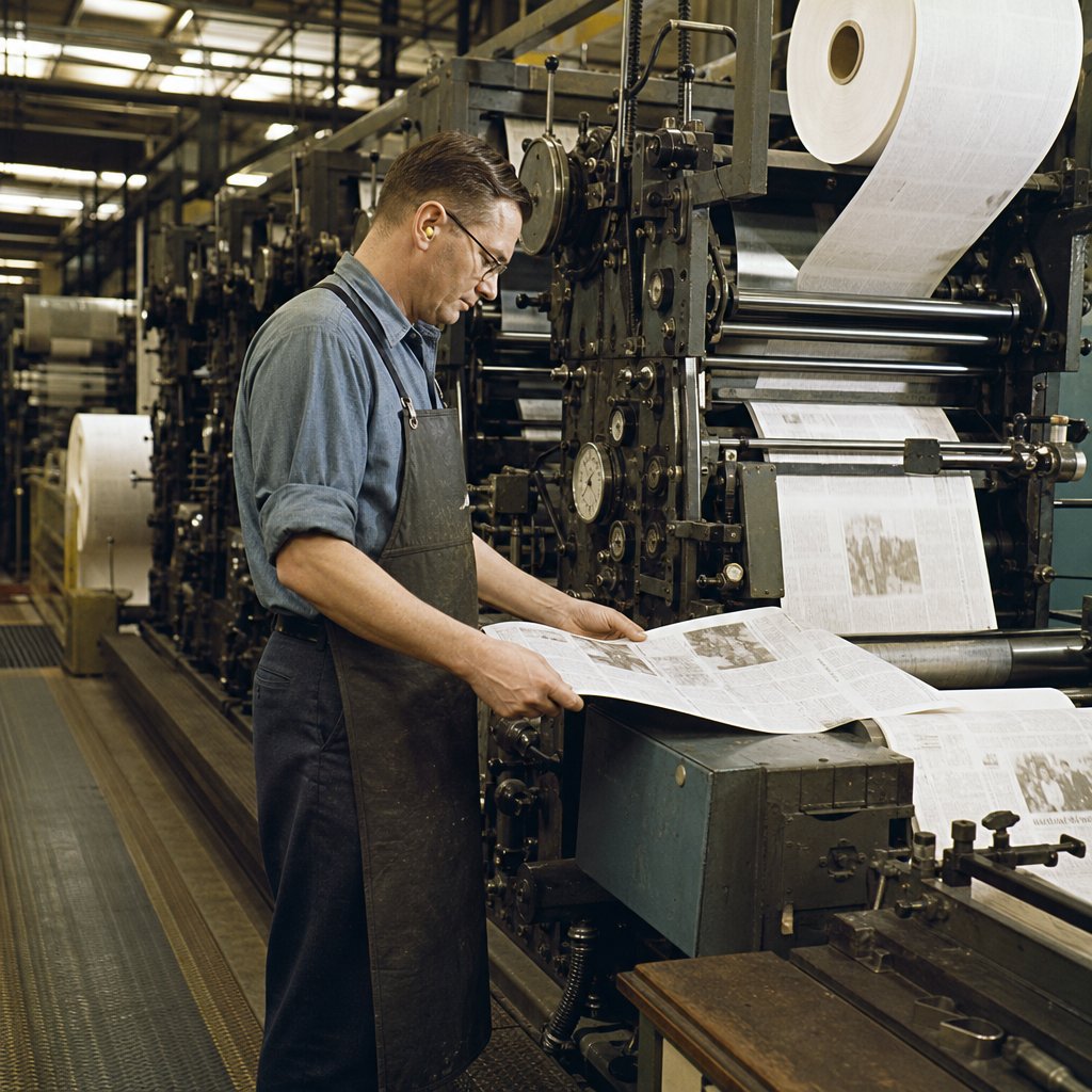 A newspaper press operator monitors a large printing machine in a 1960s newspaper plant.