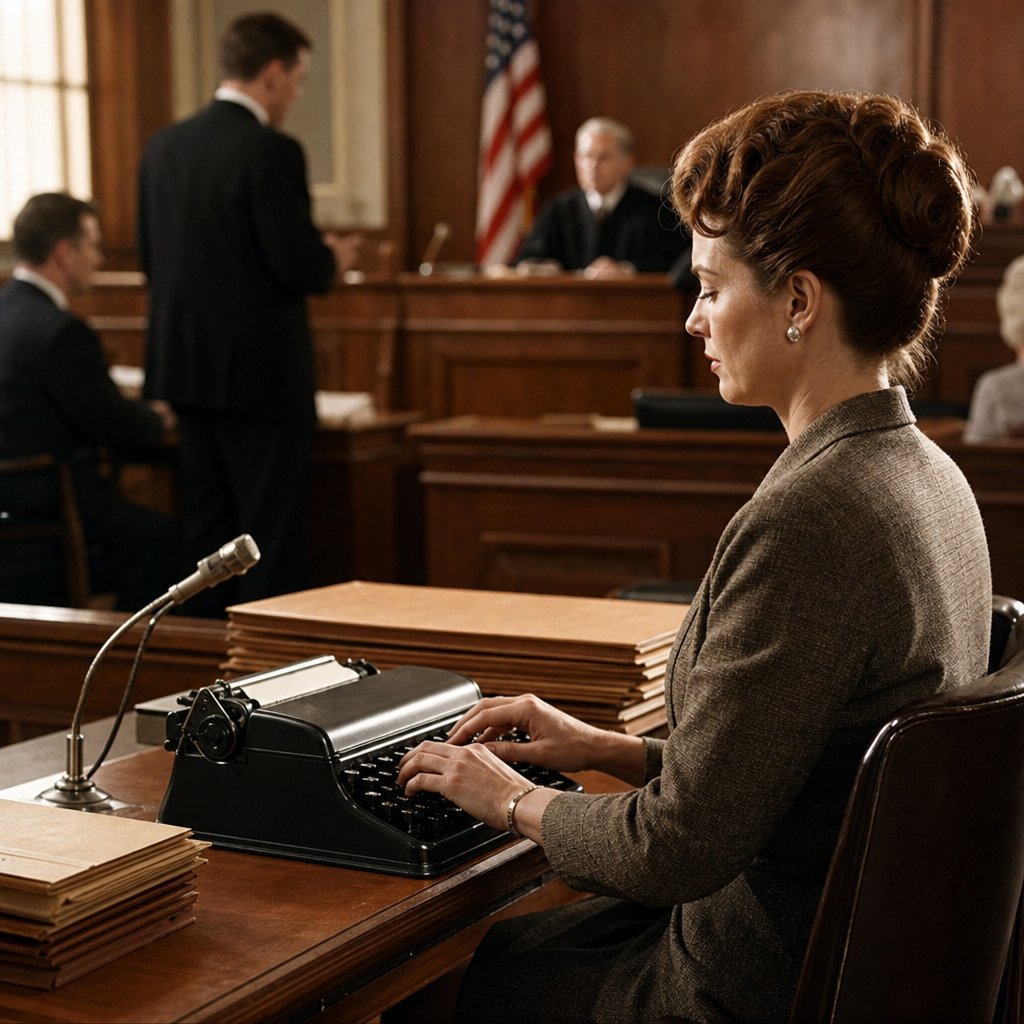 A 1960s court reporter records testimony on a stenotype machine in a courtroom.