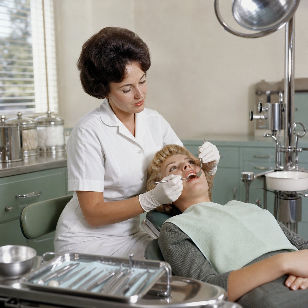 A dental hygienist provides care to a patient in a mid-century dental clinic.