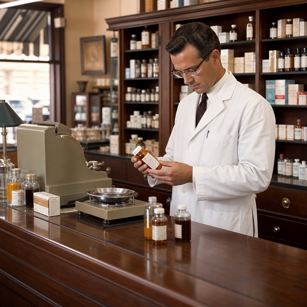 A 1960s pharmacist organizes medicine bottles behind the counter of a neighborhood pharmacy.