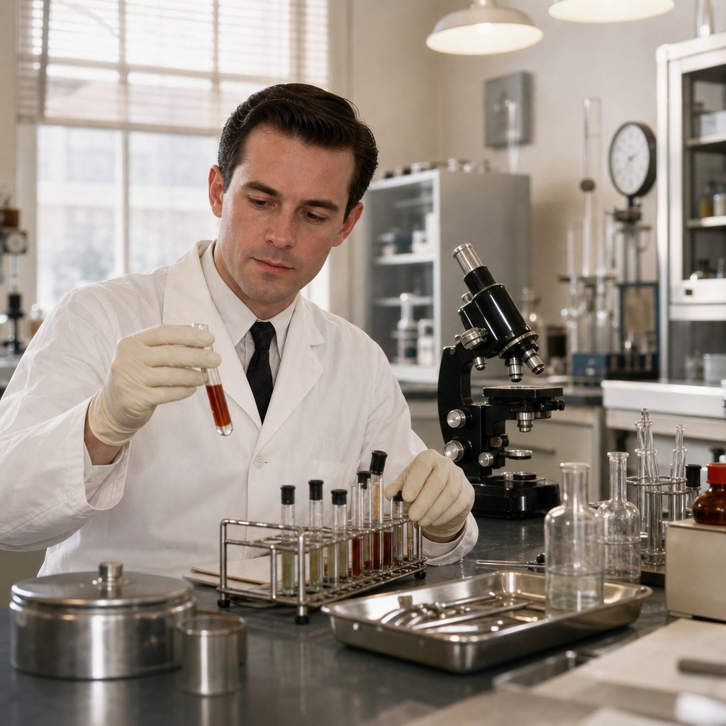 A 1960s hospital laboratory technician examines test tubes at a clean workbench.