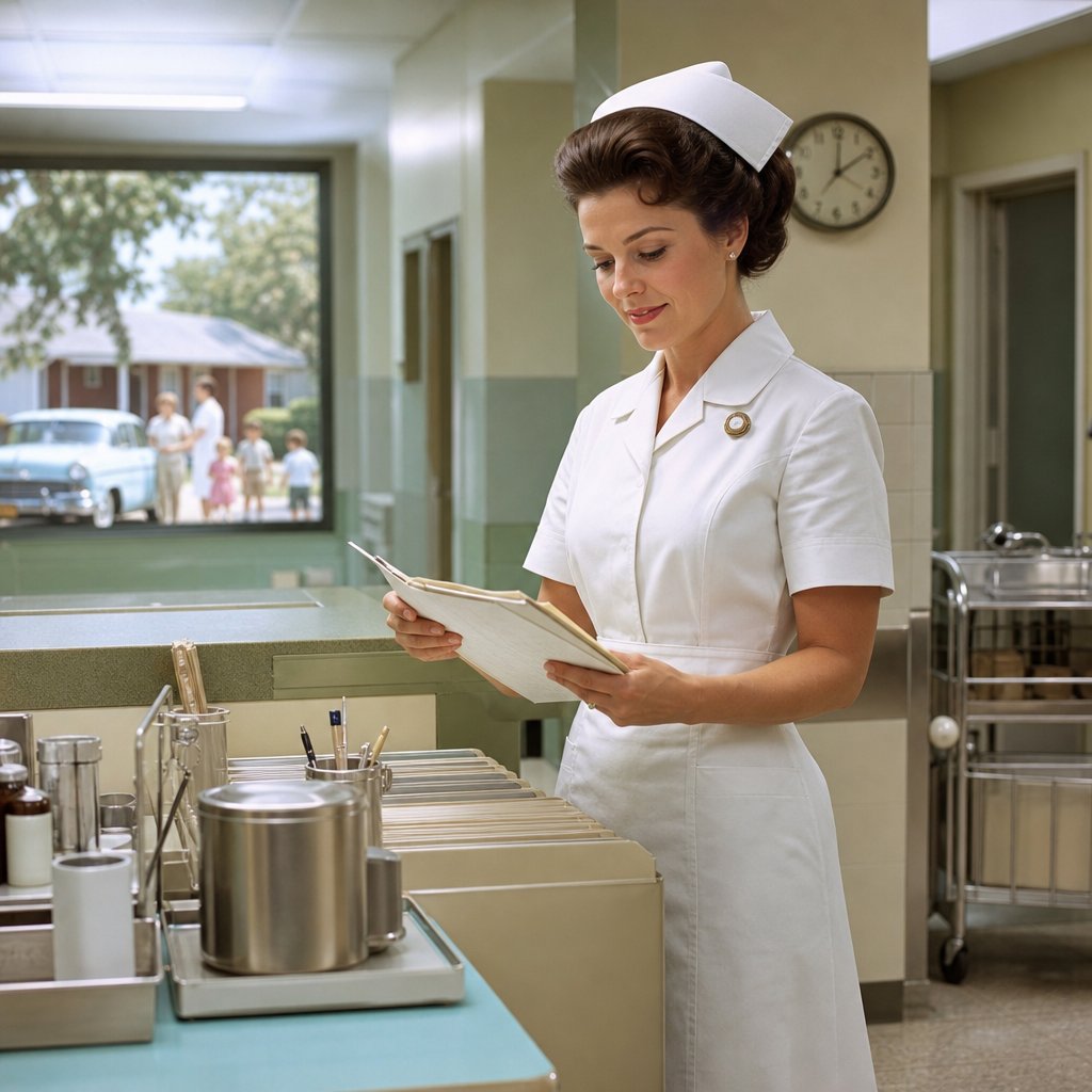 A 1960s registered nurse reviews patient charts at a hospital nurses’ station.