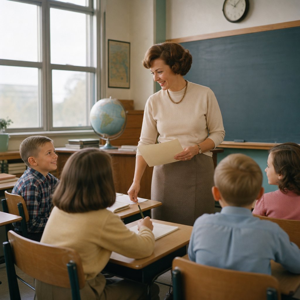 A 1960s public school teacher helps students at their desks in a bright classroom.