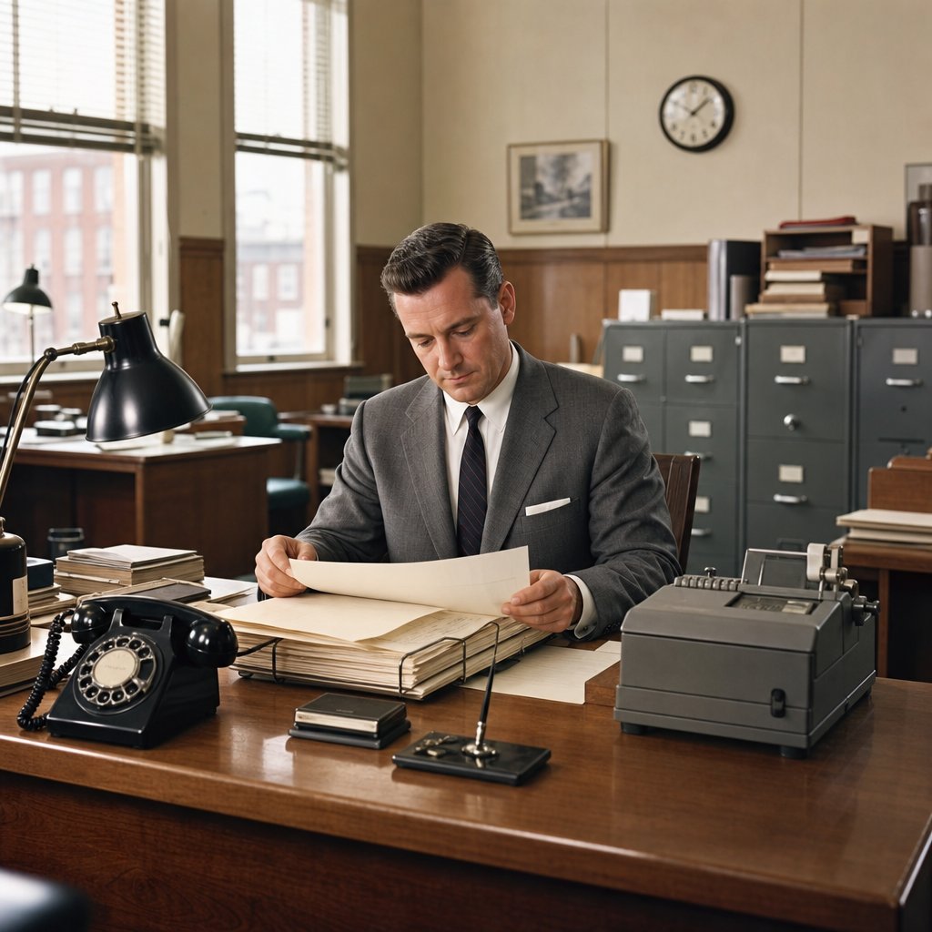 A 1960s government office worker organizes files at a desk in a modest administrative office.