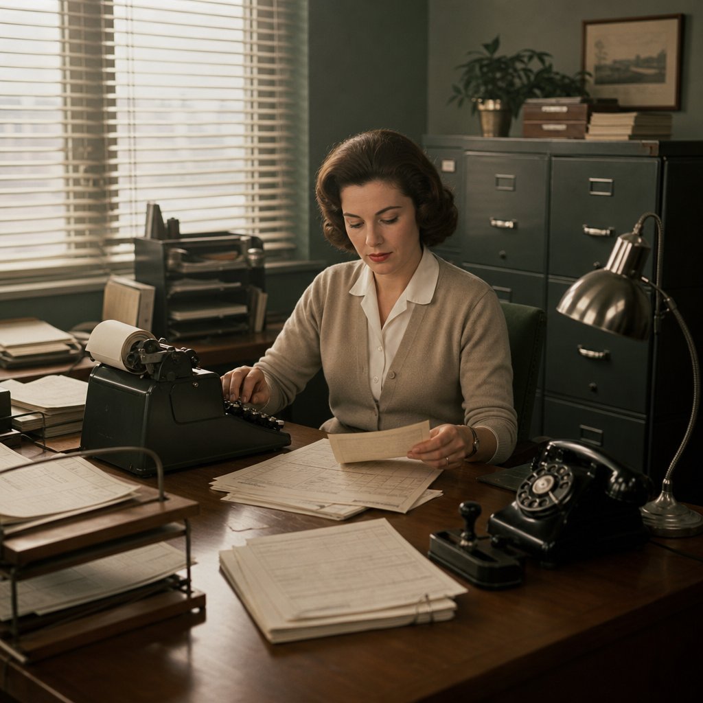 A 1960s payroll clerk reviews documents at a desk with a mechanical adding machine in a mid-century office.