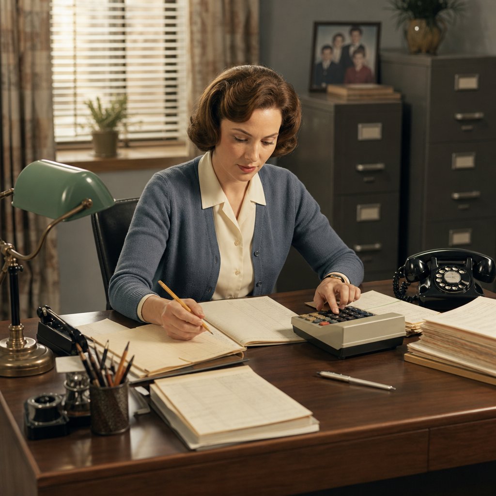 A 1960s bookkeeper reviews financial papers and uses a calculator at a tidy office desk.