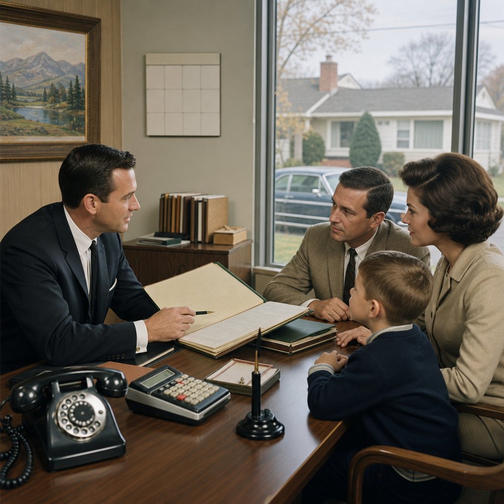 A 1960s insurance agent explains a policy to a middle-class family in an office.